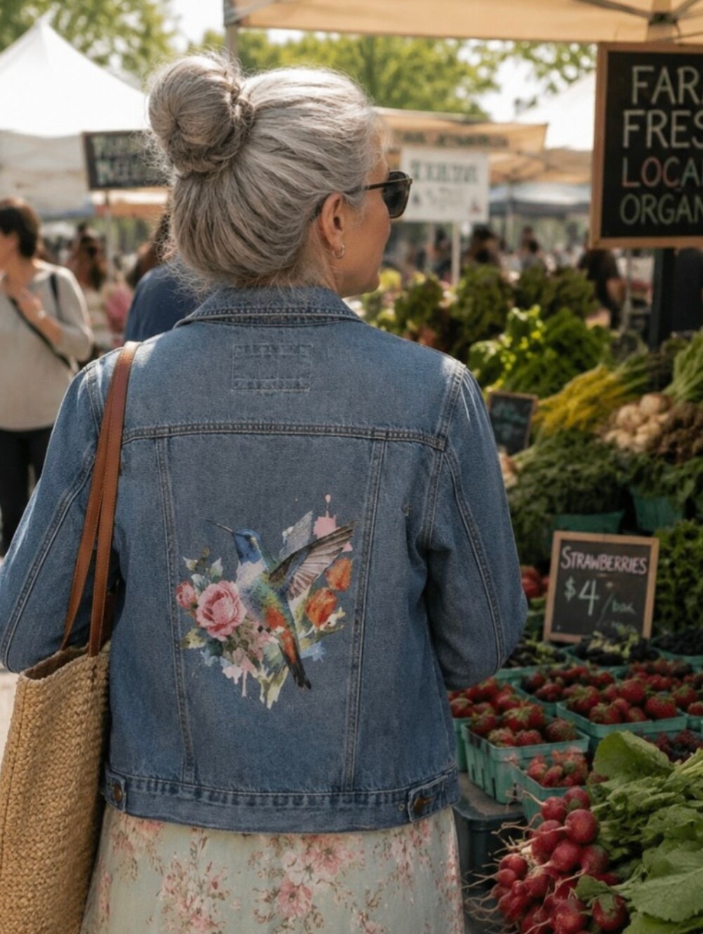 UpCycled Forever 21 | Medium Jean Jacket | Floral Hummingbird